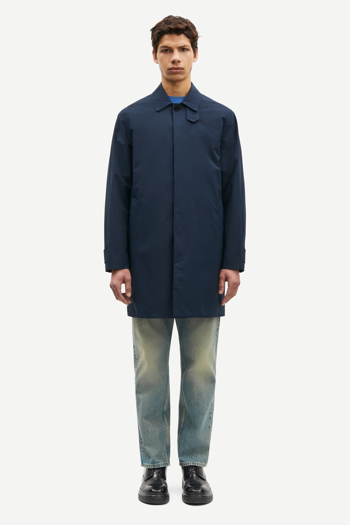 mens navy blue polyester longline coat with concealed placket model shot