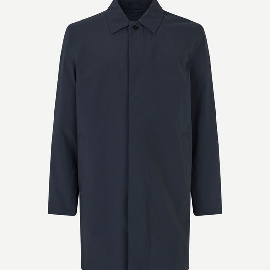 mens navy blue polyester longline coat with concealed placket