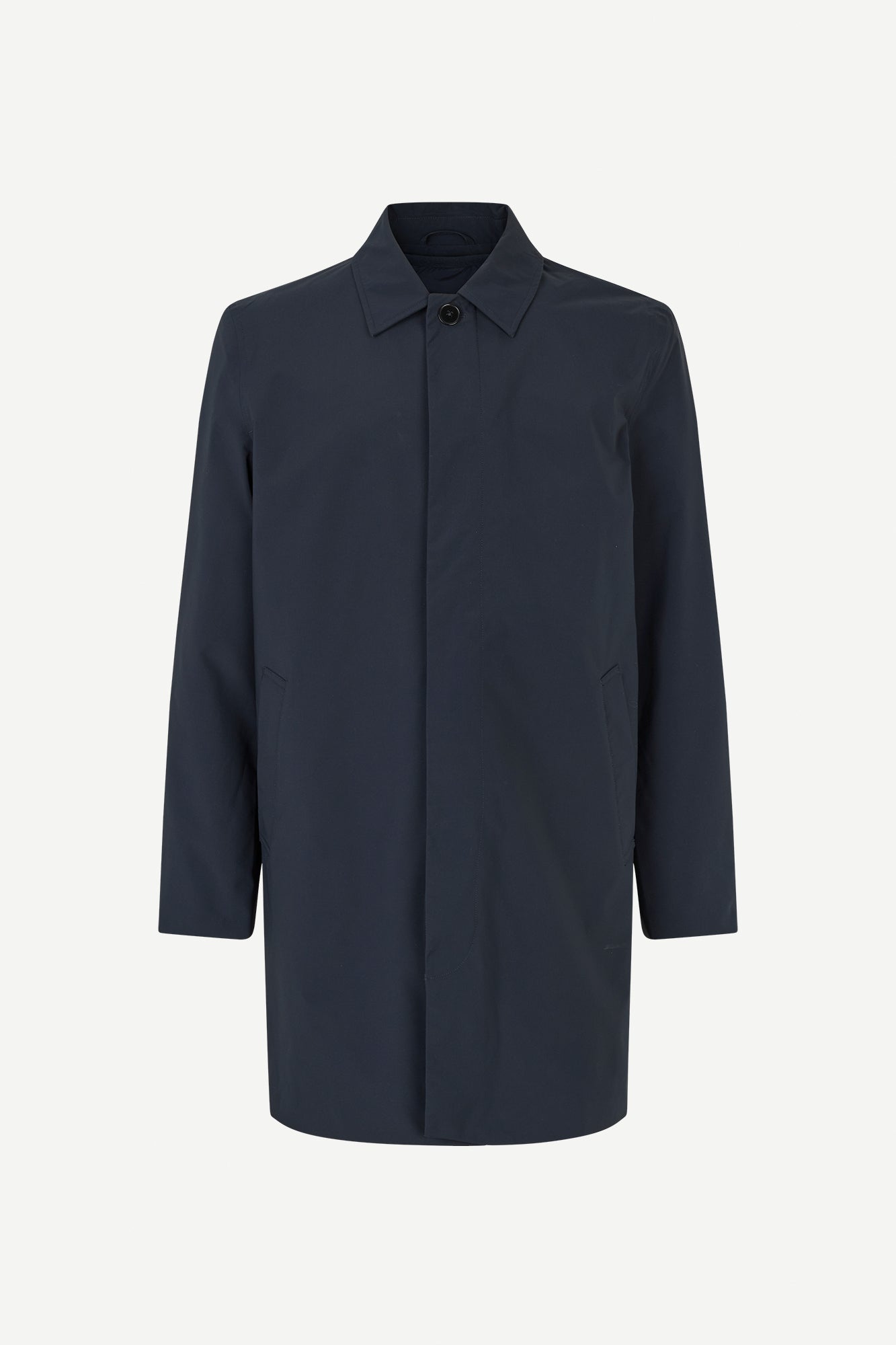 mens navy blue polyester longline coat with concealed placket