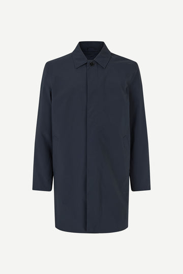 mens navy blue polyester longline coat with concealed placket