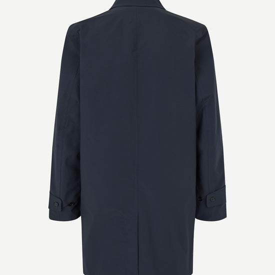 mens navy blue polyester longline coat with concealed placket rear view 