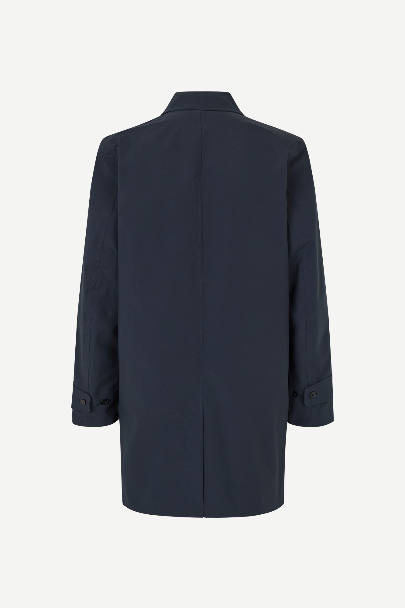 mens navy blue polyester longline coat with concealed placket rear view 