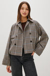 mocha check jacket with side pockets and double breasted front with wide sleeves model shot