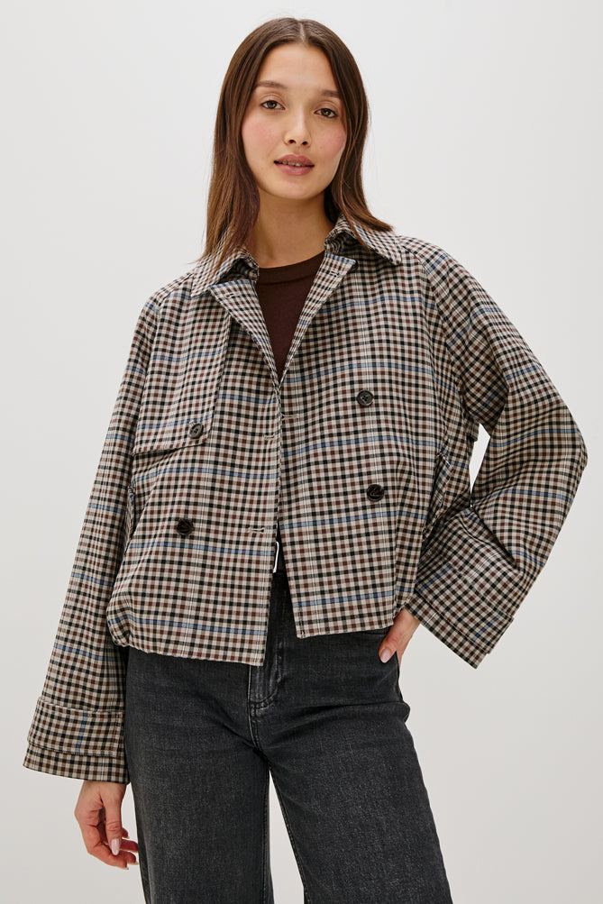 mocha check jacket with side pockets and double breasted front with wide sleeves model shot