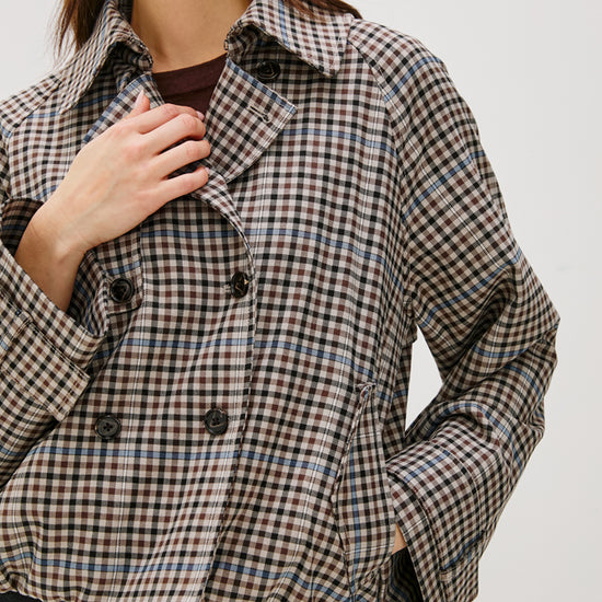 mocha check jacket with side pockets and double breasted front with wide sleeves