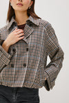 mocha check jacket with side pockets and double breasted front with wide sleeves