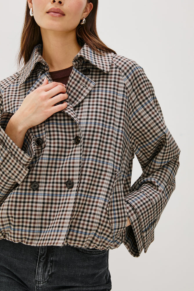 mocha check jacket with side pockets and double breasted front with wide sleeves