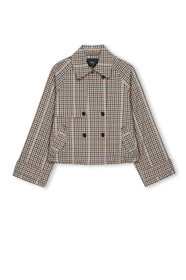mocha check jacket with side pockets and double breasted front with wide sleeves