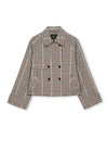 mocha check jacket with side pockets and double breasted front with wide sleeves