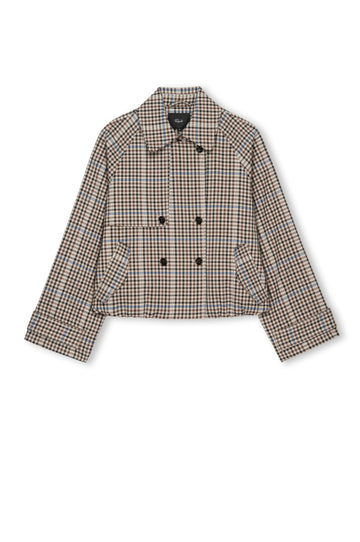mocha check jacket with side pockets and double breasted front with wide sleeves