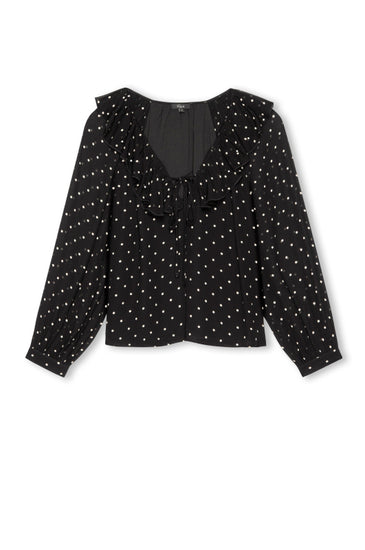 V neck black top with ruffled neck and polka dots