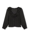 V neck black top with ruffled neck and polka dots