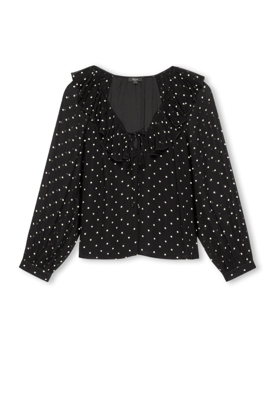 V neck black top with ruffled neck and polka dots