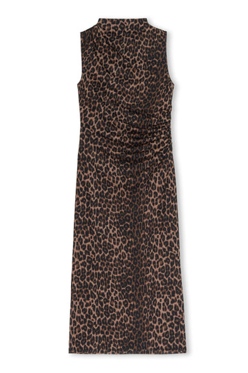 brown animal print sleeveless dress with rouched waist 