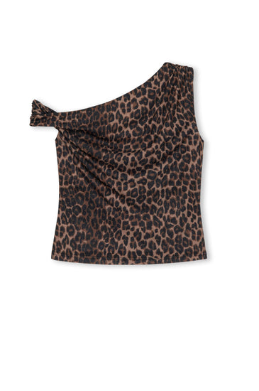 animal print top with 1 strap off the shoulder