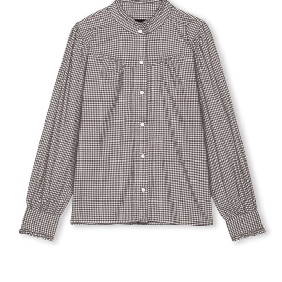 round neck top with chocolate brown check print and white buttons