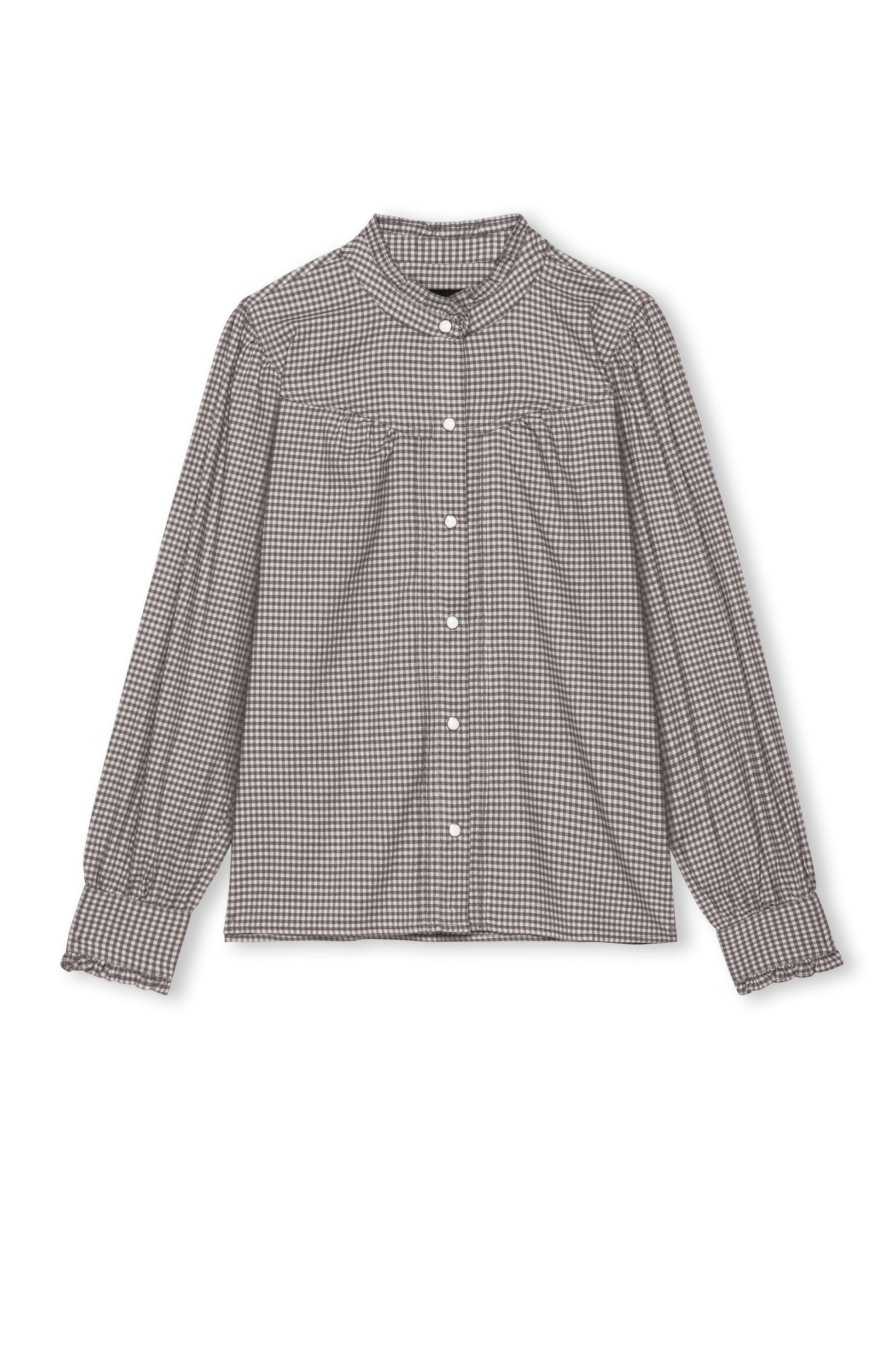 round neck top with chocolate brown check print and white buttons