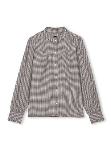 round neck top with chocolate brown check print and white buttons