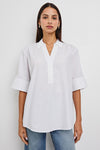 White short sleeve top with v neck, collar and boxy fit model shot