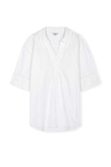 White short sleeve top with v neck, collar and boxy fit