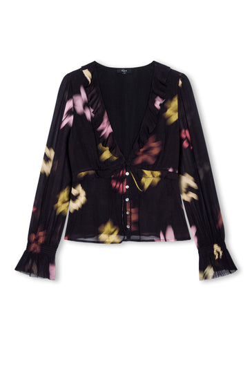 v neck long sleeve top with ruffle neck and viscose mix black floral print