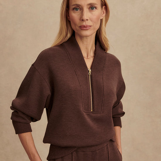 chocolate brown half zip jumper with dropped shoulder, rib detailing and gold zip