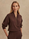 chocolate brown half zip jumper with dropped shoulder, rib detailing and gold zip