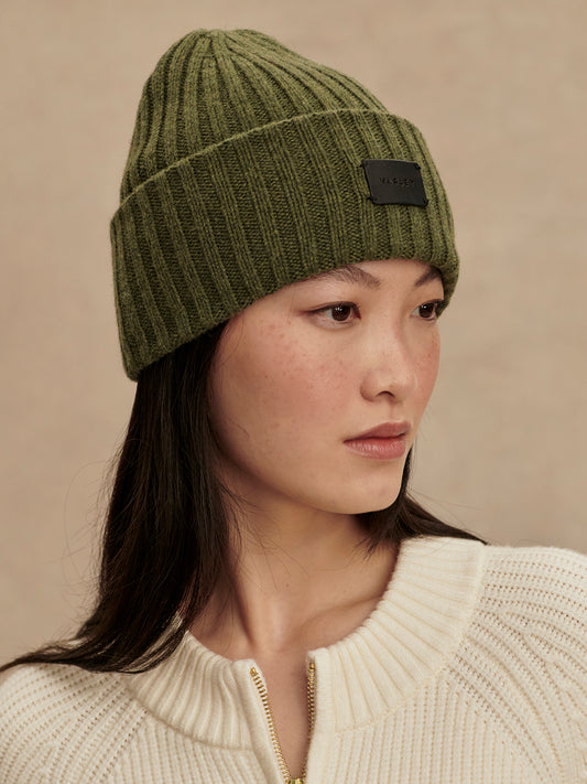 Olive green rib beanie with fold over and varley logo