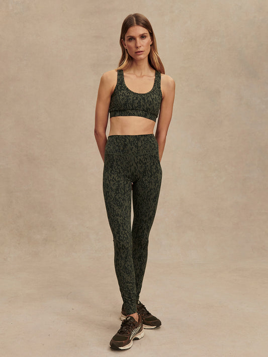 olive green pattern high rise leggings model shot