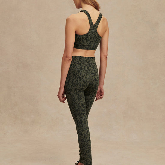 green pattern workout bra with racerback rear view 