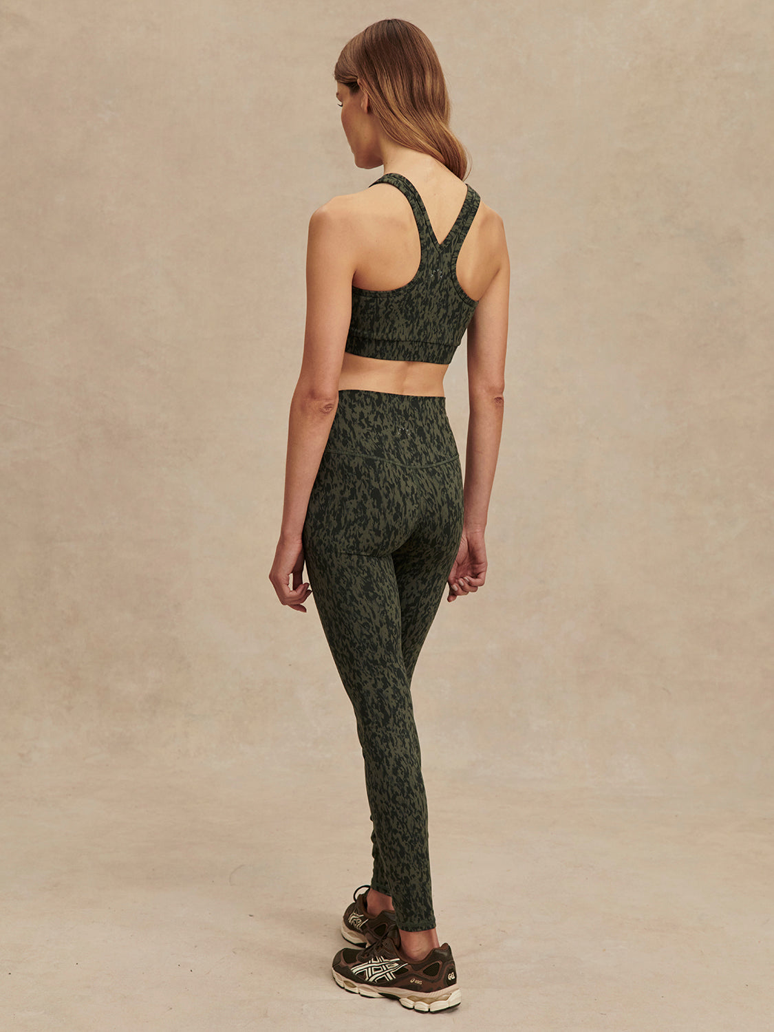 green pattern workout bra with racerback rear view 