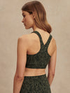 green pattern workout bra with racerback rear view 