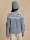 blue ribbed jumper with white varley logo and high neck rear view