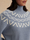 blue ribbed jumper with white varley logo and high neck close up