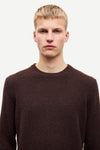 chocolate brown mens crew neck jumper with rib detailing and relaxed fit close up