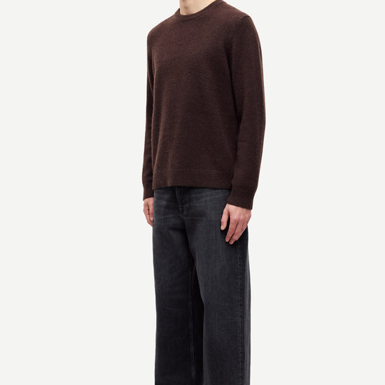 chocolate brown mens crew neck jumper with rib detailing and relaxed fit side view