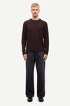 chocolate brown mens crew neck jumper with rib detailing and relaxed fit model shot