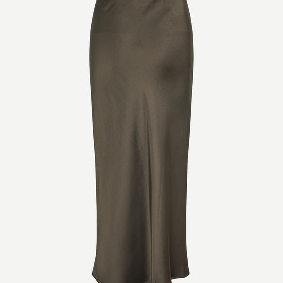 mid length green satin slip skirt rear view