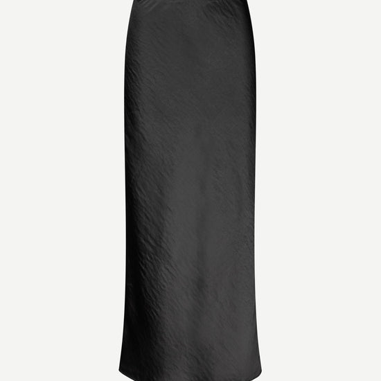 long satin black skirt with elasticated waistband and cut on the bias