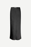 long satin black skirt with elasticated waistband and cut on the bias