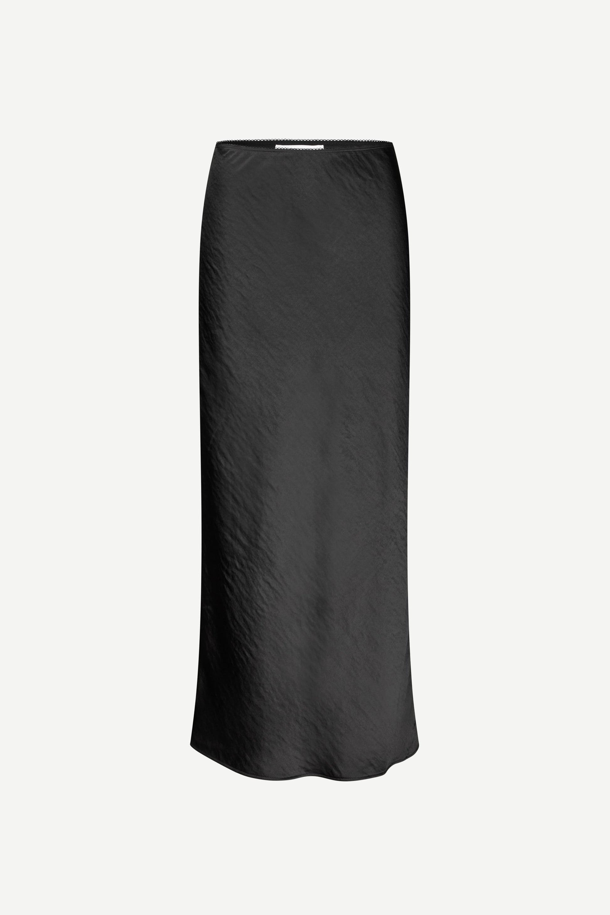 long satin black skirt with elasticated waistband and cut on the bias