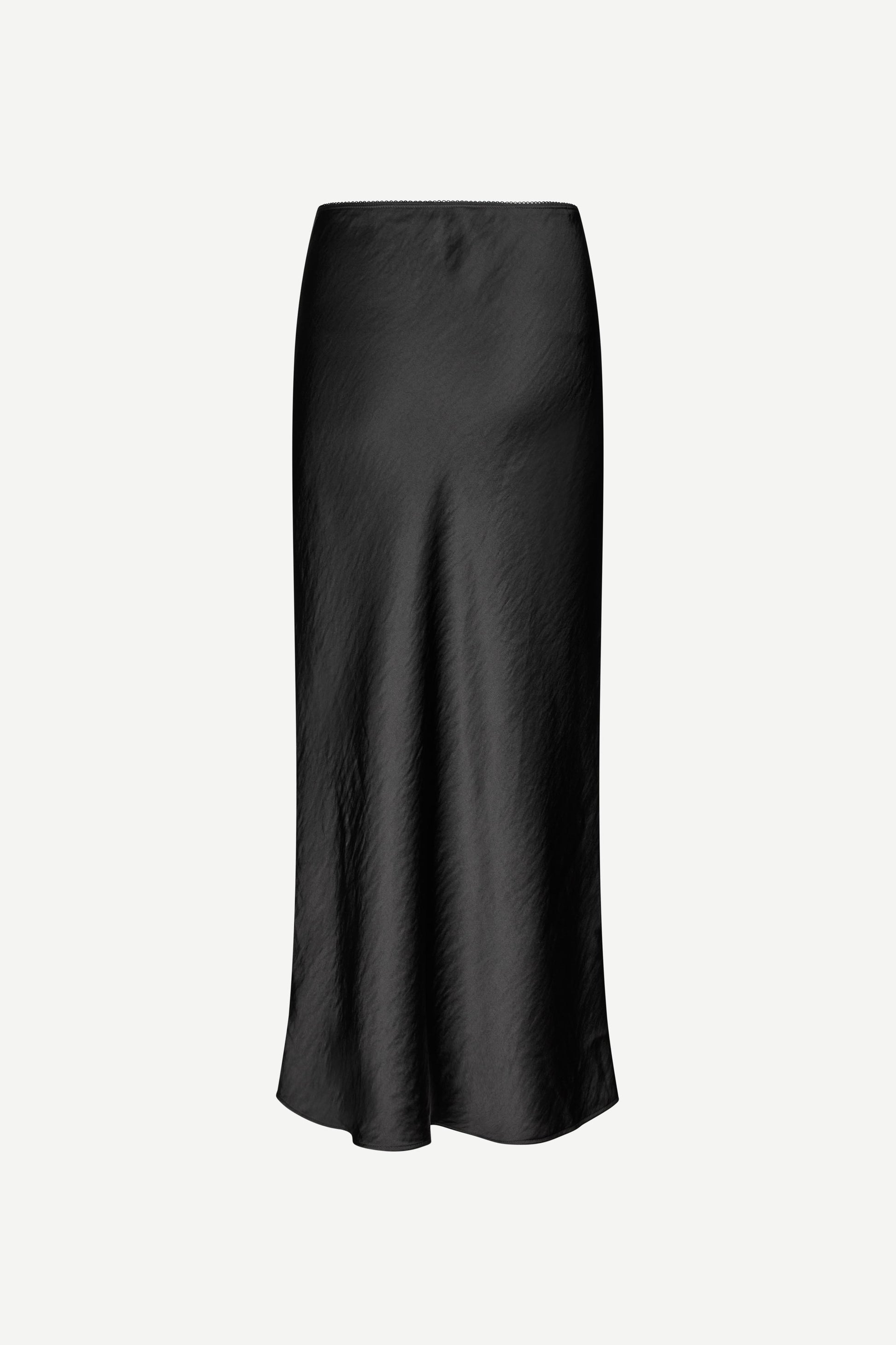 long satin black skirt with elasticated waistband and cut on the bias rear view