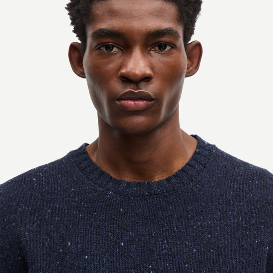 navy blue jumper with crew neck and rib detailing from samsoe samsoe close up