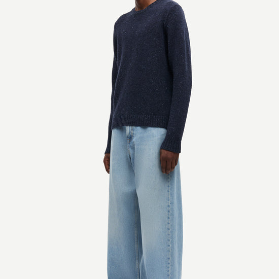 navy blue jumper with crew neck and rib detailing from samsoe samsoe model shot