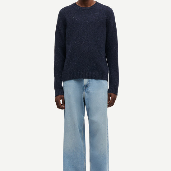 navy blue jumper with crew neck and rib detailing from samsoe samsoe model shot