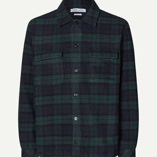 navy and green check overshirt with 2 chest patch pockets and buttoned cuffs from samsoe samsoe