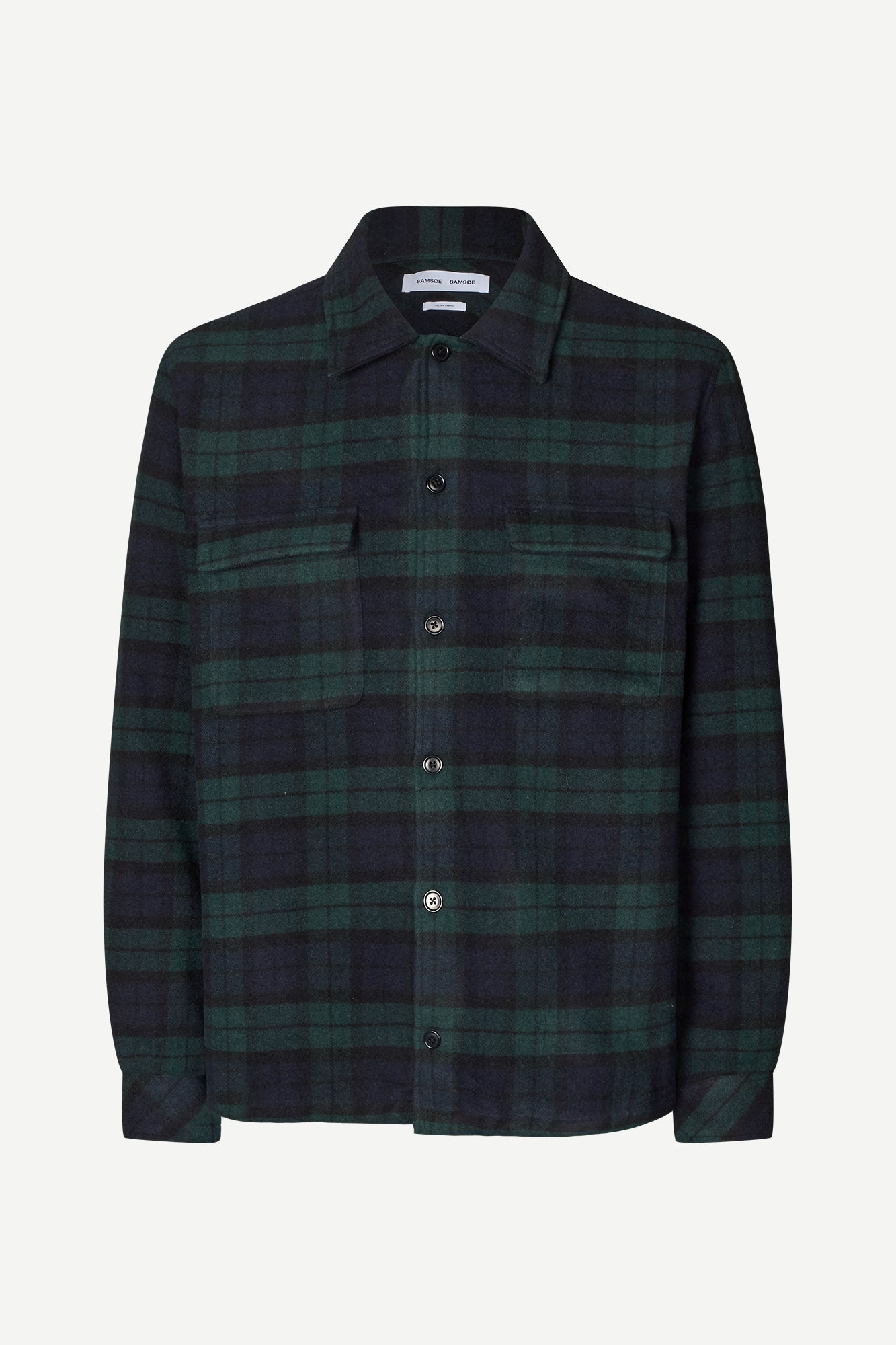 navy and green check overshirt with 2 chest patch pockets and buttoned cuffs from samsoe samsoe
