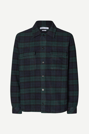 navy and green check overshirt with 2 chest patch pockets and buttoned cuffs from samsoe samsoe