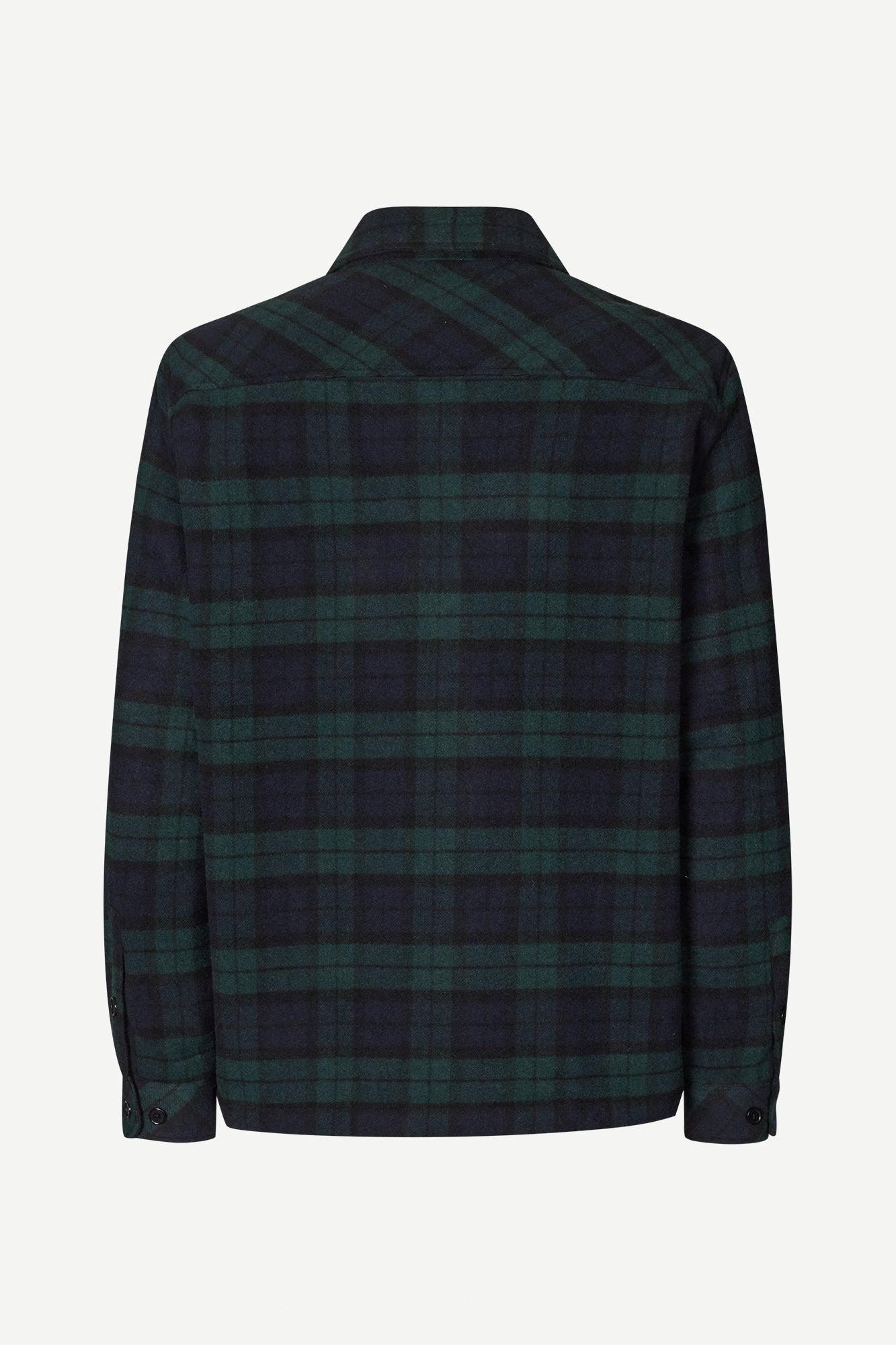 navy and green check overshirt with 2 chest patch pockets and buttoned cuffs from samsoe samsoe rear view