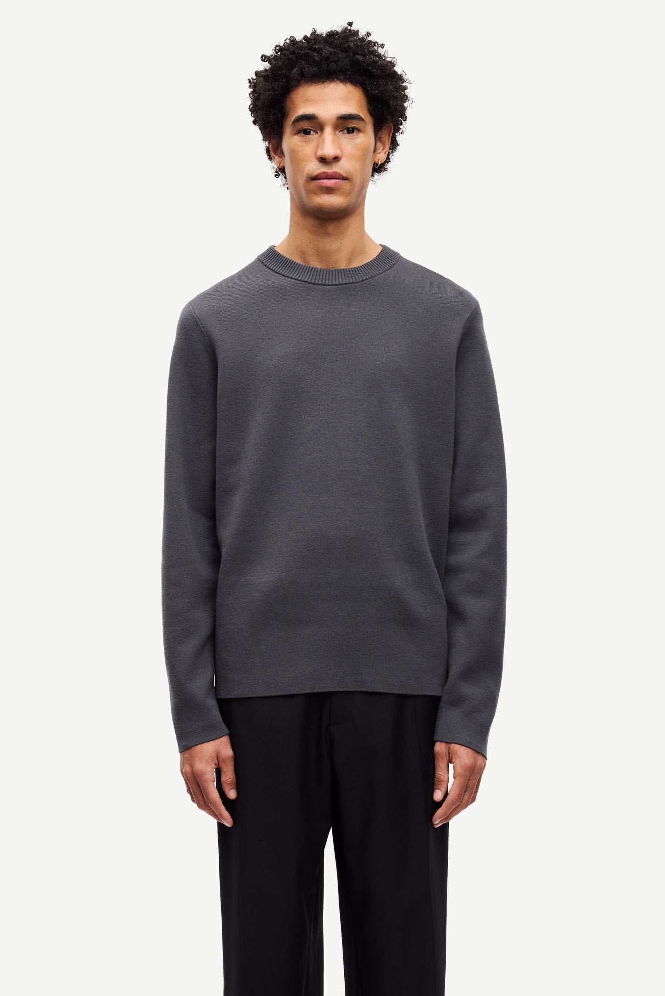 dark grey crew neck jumper from samsoe samsoe model shot